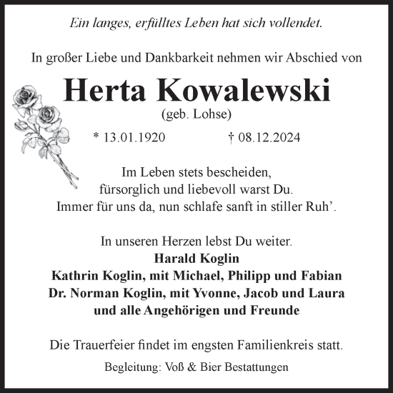 Traueranzeige von Herta Kowalewski von Volksstimme Wernigerode