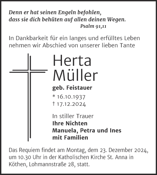 Traueranzeige von Herta Müller von Trauerkombi Köthen