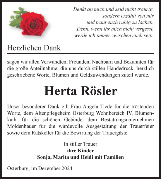 Traueranzeige von Herta Rösler von Volksstimme Altmark Ost