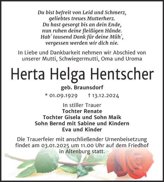 Traueranzeige von Herta Helga Hentscher von Trauerkombi Bernburg