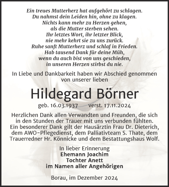 Traueranzeige von Hildegard Börner von Trauerkombi Weißenfels