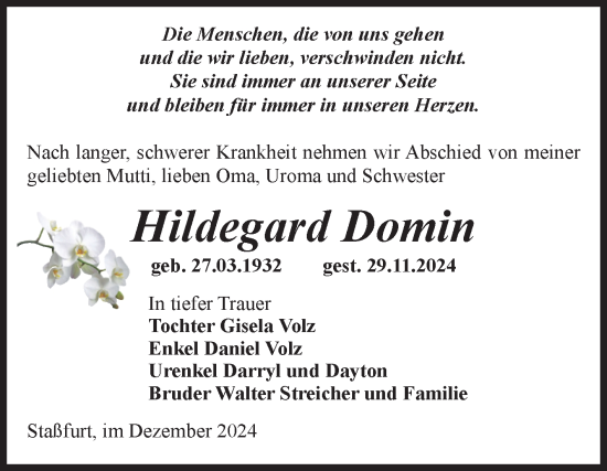 Traueranzeige von Hildegard Domin von Volksstimme Staßfurt