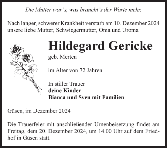 Traueranzeige von Hildegard Gericke von Volksstimme Burg/Genthin