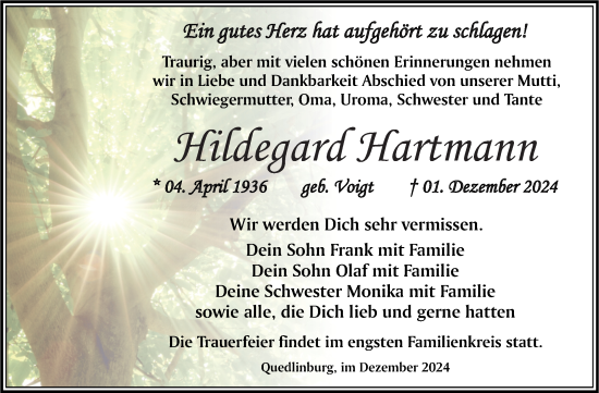 Traueranzeige von Hildegard Hartmann von Trauerkombi Quedlinburg
