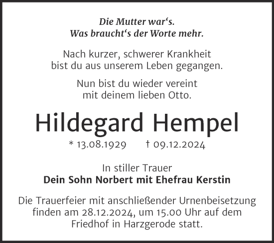 Traueranzeige von Hildegard Hempel von Super Sonntag Quedlingburg