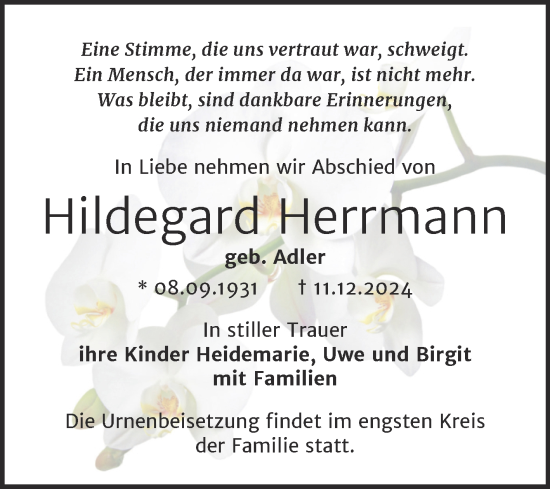 Traueranzeige von Hildegard Herrmann von Trauerkombi Bernburg