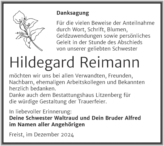 Traueranzeige von Hildegard Reimann von Trauerkombi Mansfelder Land