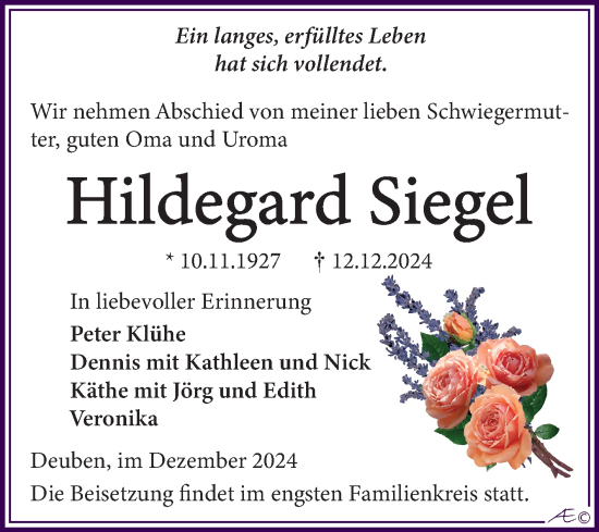 Traueranzeige von Hildegard Siegel von Trauerkombi Weißenfels