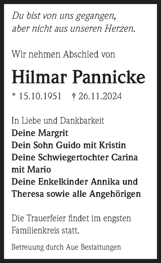 Traueranzeige von Hilmar Pannicke von Volksstimme Magdeburg