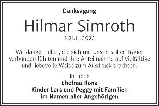 Traueranzeige von Hilmar Simroth von Trauerkombi Bernburg