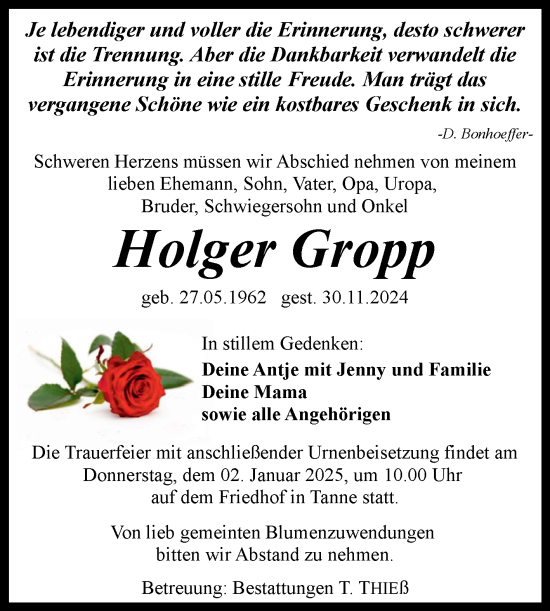 Traueranzeige von Holger Gropp von Volksstimme Wernigerode