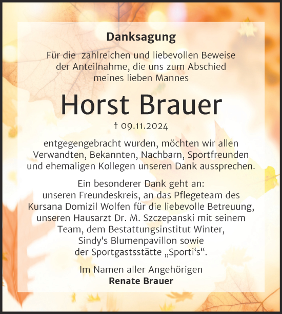 Traueranzeige von Horst Brauer von Trauerkombi Bitterfeld