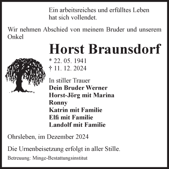 Traueranzeige von Horst Braunsdorf 
