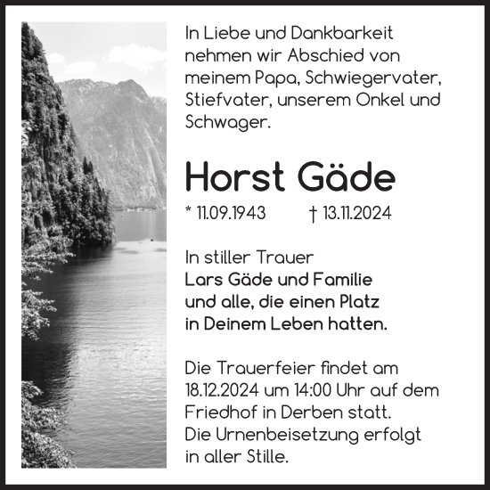 Traueranzeige von Horst Gäde von Volksstimme Burg/Genthin