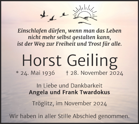 Traueranzeige von Horst Geiling von Trauerkombi Zeitz