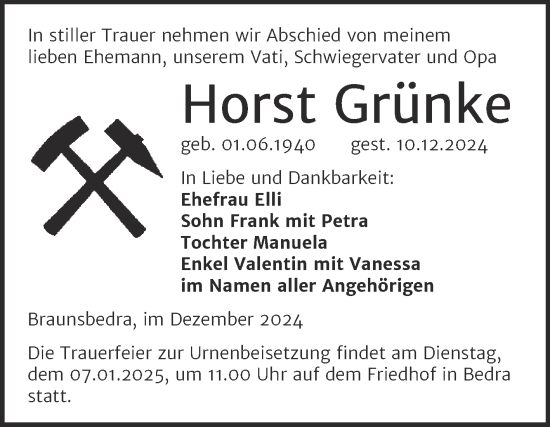 Traueranzeige von Horst Grünke von Trauerkombi Merseburg