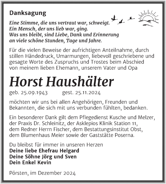 Traueranzeige von Horst Haushälter von Trauerkombi Weißenfels