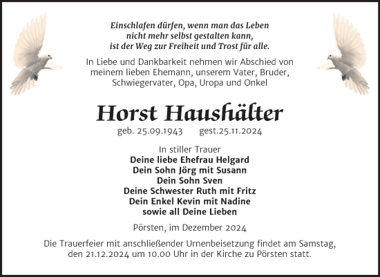 Traueranzeige von Horst Haushälter von Trauerkombi Weißenfels