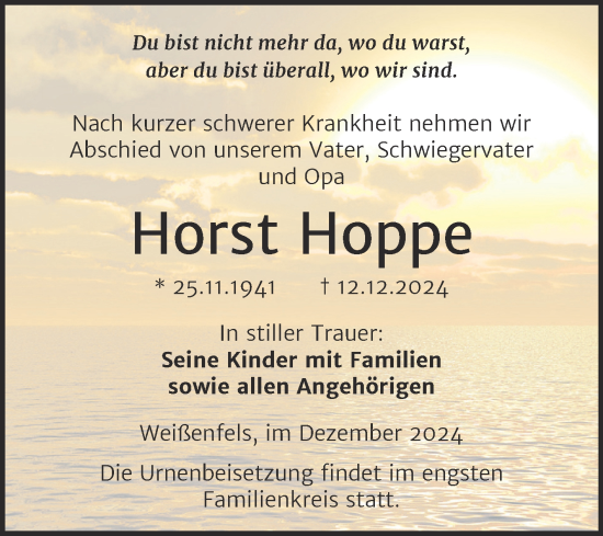 Traueranzeige von Horst Hoppe von Trauerkombi Weißenfels