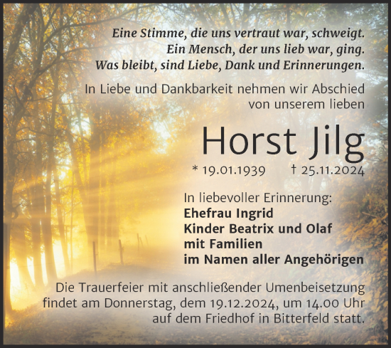 Traueranzeige von Horst Jilg von Trauerkombi Bitterfeld