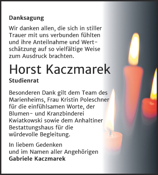Traueranzeige von Horst Kaczmarek von Trauerkombi Dessau