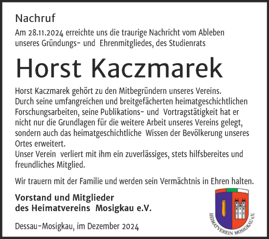 Traueranzeige von Horst Kaczmarek von Trauerkombi Dessau