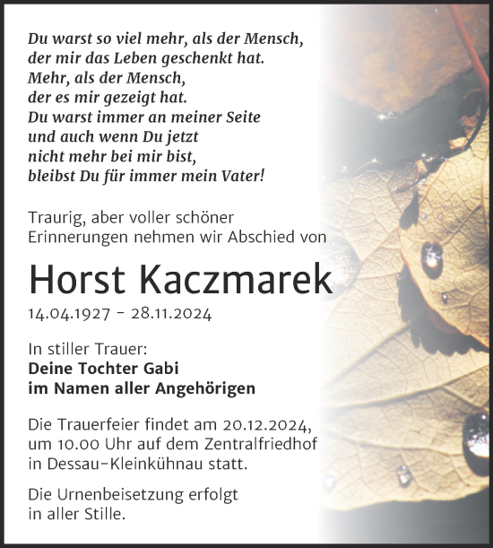 Traueranzeige von Horst Kaczmarek von Trauerkombi Dessau