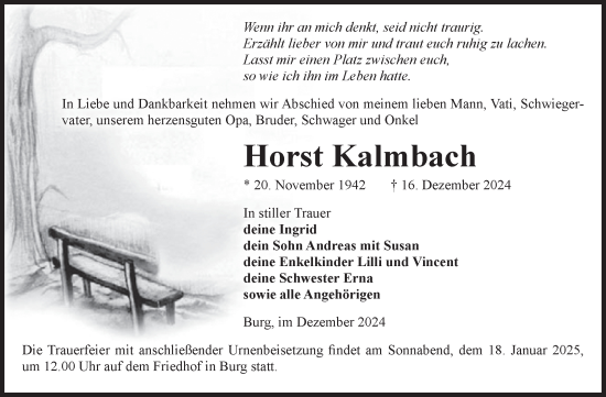Traueranzeige von Horst Kalmbach von Volksstimme Burg/Genthin