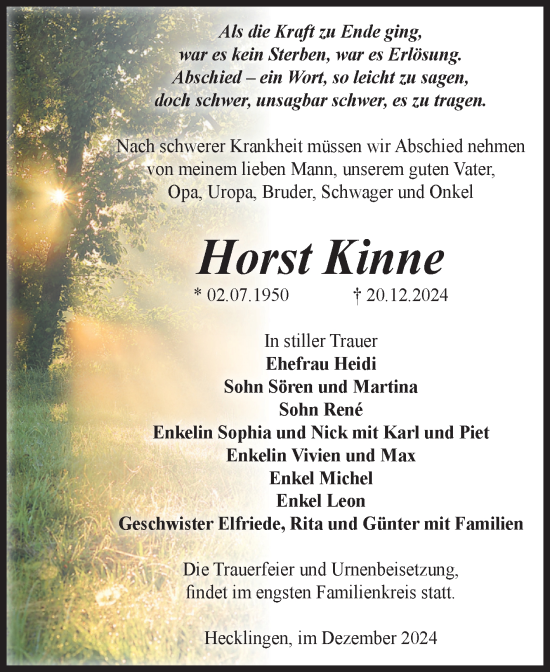 Traueranzeige von Horst Kinne von Volksstimme Staßfurt