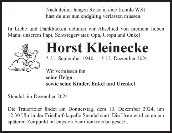 Traueranzeige von Horst Kleinecke von Volksstimme Altmark Ost