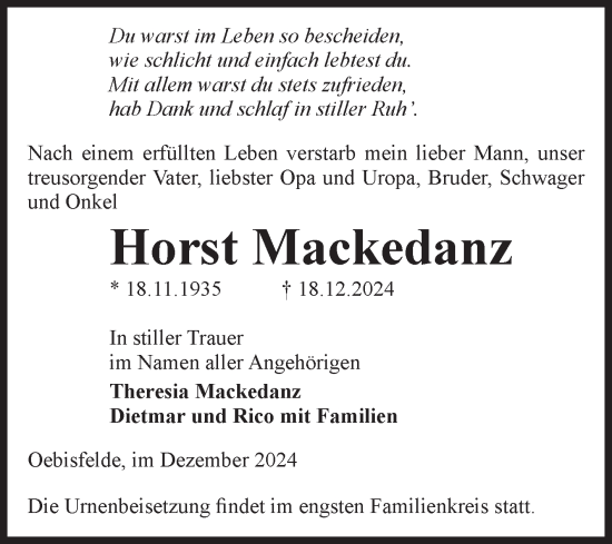 Traueranzeige von Horst Mackedanz von Volksstimme Altmark West