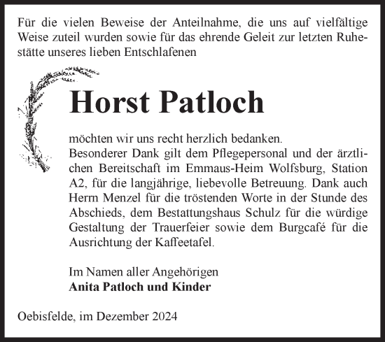 Traueranzeige von Horst Patloch von Volksstimme Altmark West