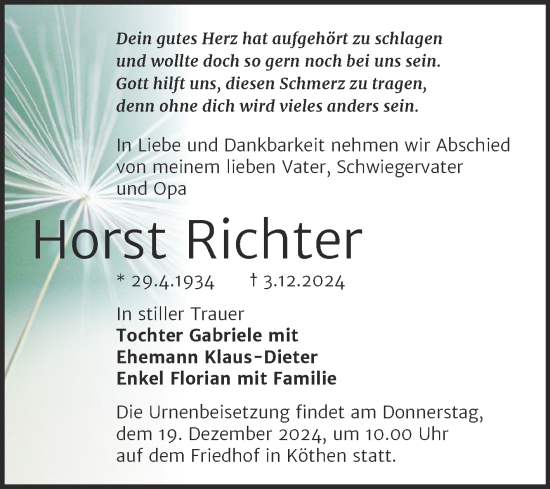 Traueranzeige von Horst Richter von Trauerkombi Köthen