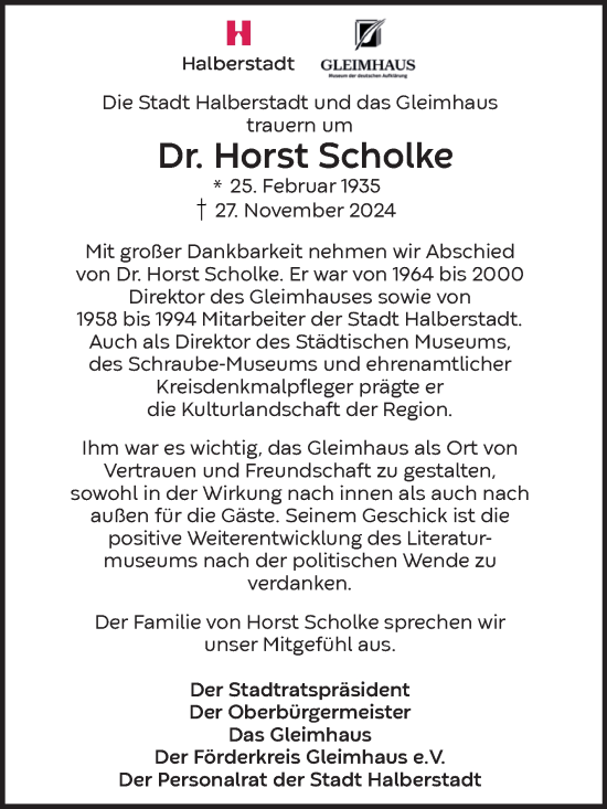 Traueranzeige von Horst Scholke von Volksstimme Halberstadt