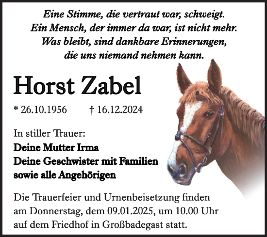 Traueranzeige von Horst Zabel von Trauerkombi Köthen