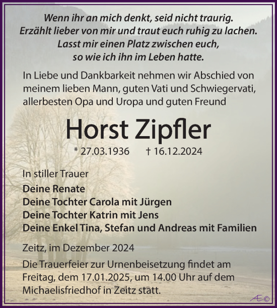 Traueranzeige von Horst Zipfler von Trauerkombi Zeitz