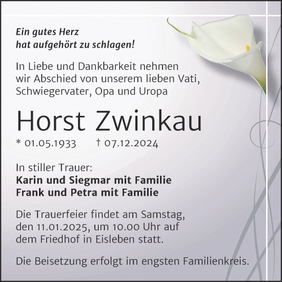 Traueranzeige von Horst Zwinkau von Trauerkombi Mansfelder Land