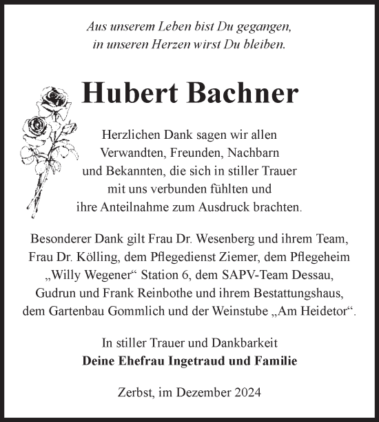 Traueranzeige von Hubert Bachner von Volksstimme Zerbst