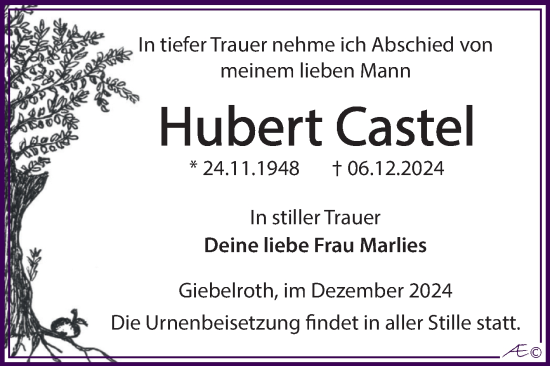 Traueranzeige von Hubert Castel von Trauerkombi Zeitz