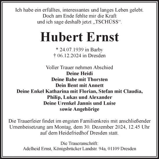 Traueranzeige von Hubert Ernst von Volksstimme Magdeburg