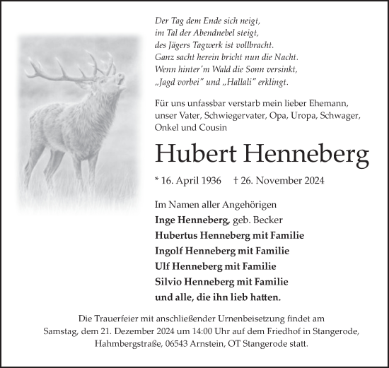 Traueranzeige von Hubert Henneberg von Super Sonntag Mansfelder Land