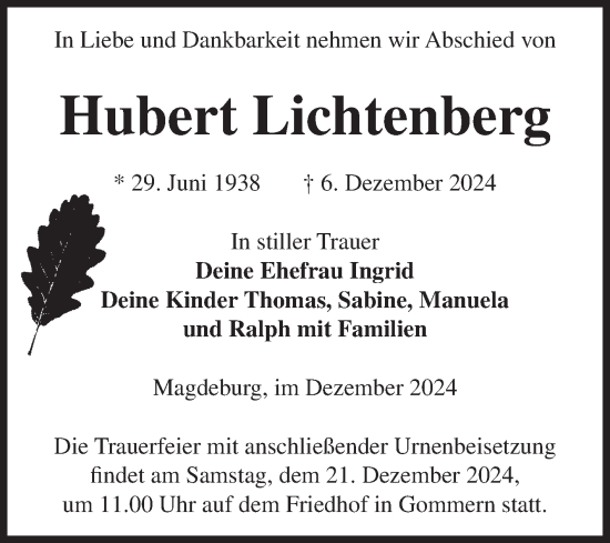 Traueranzeige von Hubert Lichtenberg von Volksstimme Magdeburg