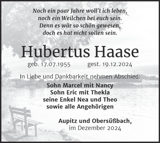 Traueranzeige von Hubertus Haase von Trauerkombi Weißenfels