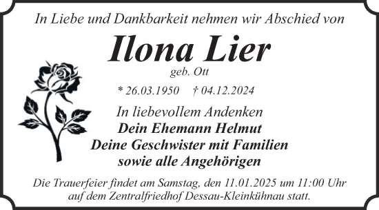 Traueranzeige von Ilona Lier von Trauerkombi Dessau