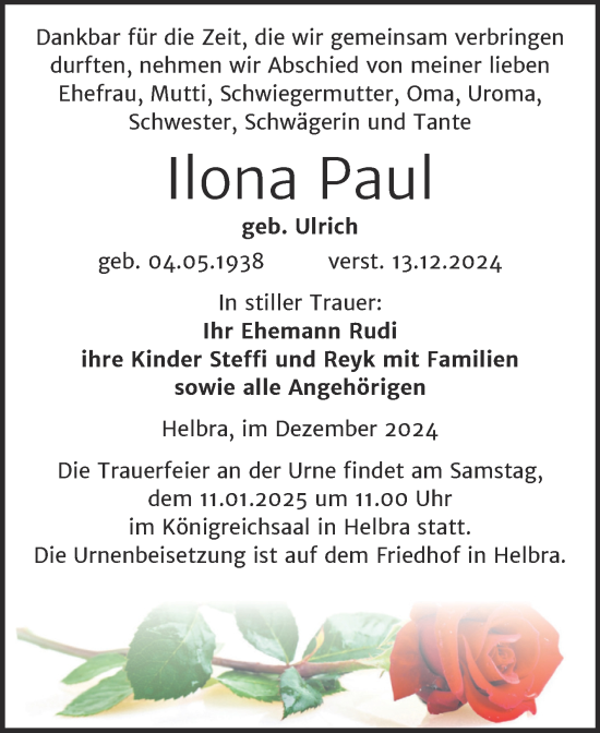 Traueranzeige von Ilona Paul von Trauerkombi Mansfelder Land