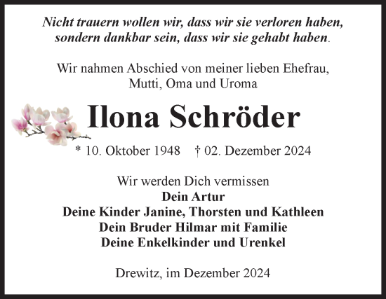 Traueranzeige von Ilona Schröder von Volksstimme Burg/Genthin