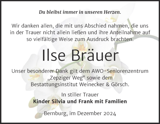 Traueranzeige von Ilse Bräuer von Trauerkombi Bernburg