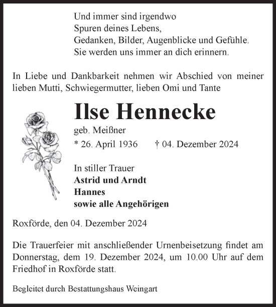 Traueranzeige von Ilse Hennecke von Volksstimme Altmark West