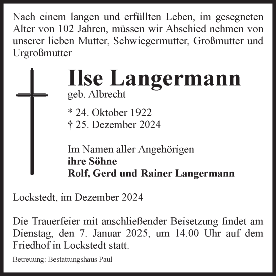 Traueranzeige von Ilse Langermann von Volksstimme Altmark West