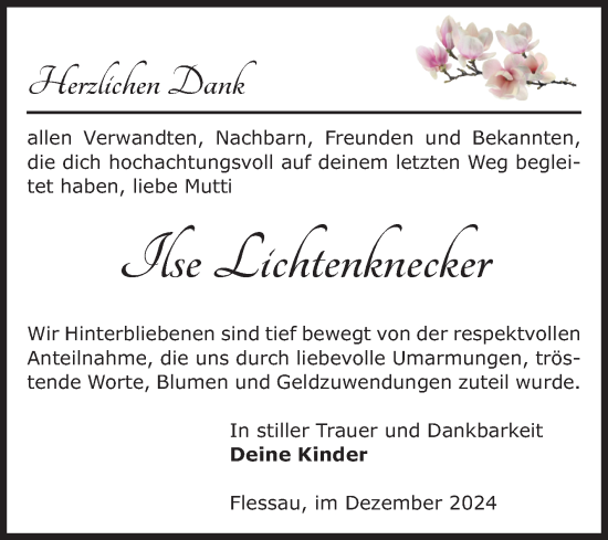 Traueranzeige von Ilse Lichtenknecker von Volksstimme Altmark Ost